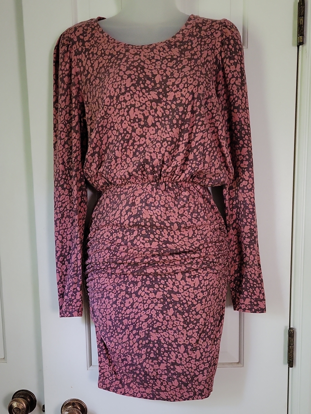 Sundry By Anthropologie Long-Sleeve Dusty Pink Floral Ruched Waist Dress Sz 0